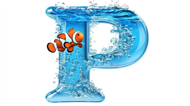 vibrant letter P crafted from glass, filled with clear water and playful fish. This artistic piece captures the essence of underwater life in a fun and imaginative way. photo