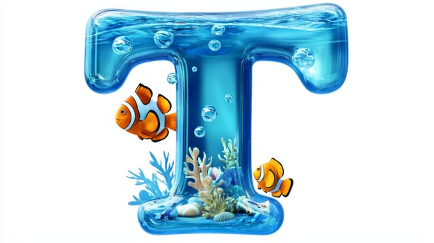 whimsical representation of the letter T, crafted to resemble a glass aquarium, showcases lively fish swimming amidst coral and bubbles, bringing the aquatic world to life. photo