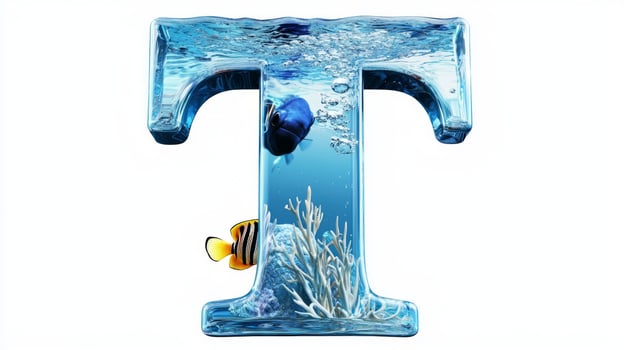 Experience the charm of the letter T, designed as a clear glass aquarium showcasing lively fish and stunning aquatic plants. This playful art piece captures the beauty of marine life. photo