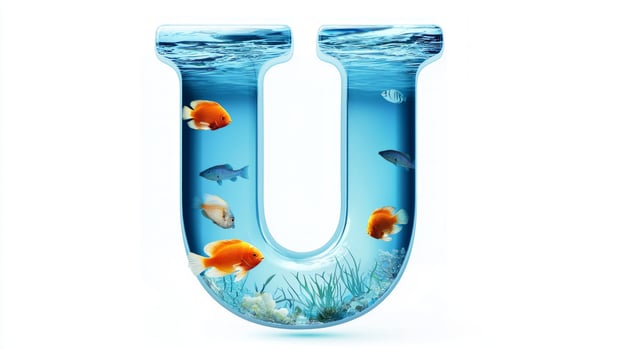 artistic letter U showcases a transparent glass design filled with lively fish swimming among aquamarine elements, creating a mesmerizing aquatic ambiance. photo