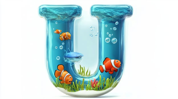 letter U is beautifully crafted from glass, revealing colorful fish swimming gracefully in clear water, surrounded by lush aquatic plants, creating a playful aquatic theme. photo