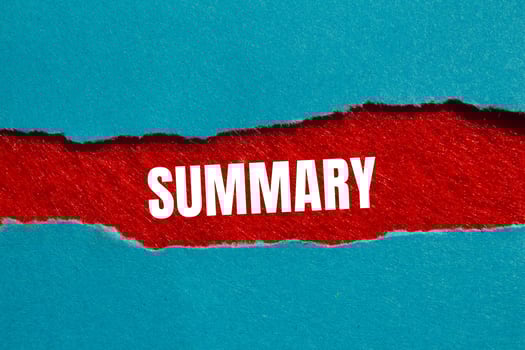 Summary message written on ripped torn blue paper on red background. Conceptual summary symbol. Copy space. photo
