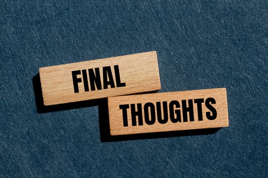 Final thoughts message written on wooden blocks with gray background. Conceptual final thoughts symbol. Copy space. photo