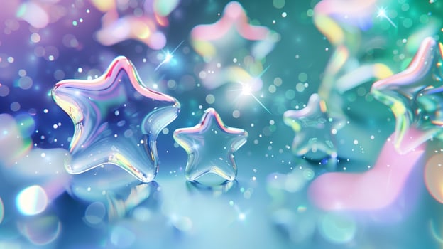 Sparkling stars made of clear glass material closeup image. Dreamlike ornament with geometric shapes close up photography. Magic fantasy composition concept photo realistic