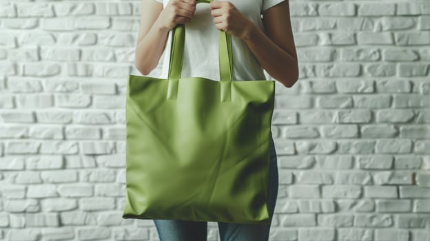 Woman in casual attire holds green tote bag mockup against white brick wall. Urban style totebag template advertising image. Sustainable fashion accessory mock up product photorealistic photo