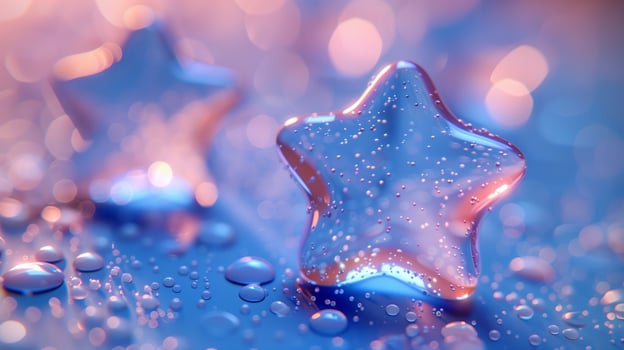 Transparent glass star with small air bubbles image copy space. Stylish bead for craft bijouterie making banner background blurred. Success achievement concept photography copyspace photo