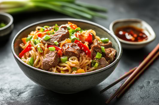 Delicious bowl of beef stir fried noodles garnished with green onions served in a dark setting photo