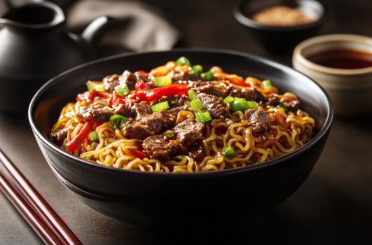 Delicious bowl of beef stir fried noodles garnished with green onions served in a dark setting photo