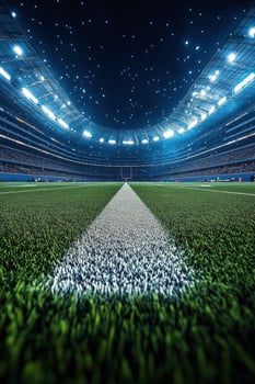 A vibrant football stadium under bright lights with an expansive green field during nighttime photo