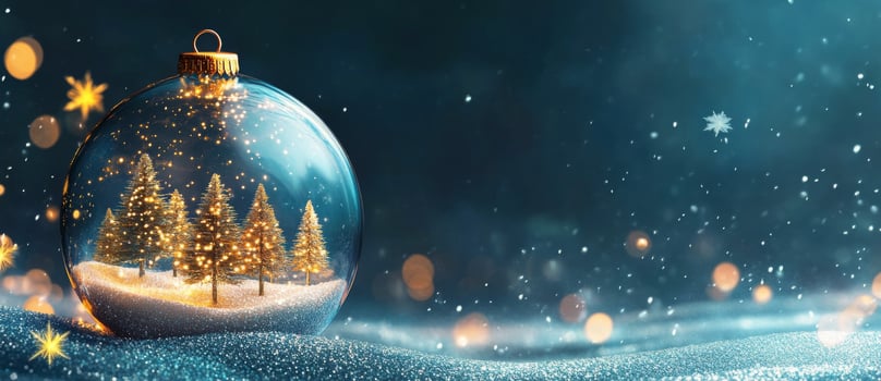 A golden Christmas tree inside a glass ornament shines brightly against a snowy blue background photo