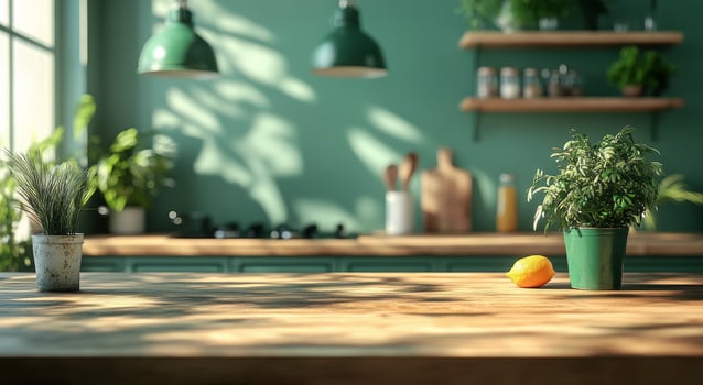 A bright and inviting kitchen with green walls and indoor plants during the afternoon light photo