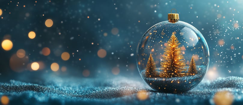 A golden Christmas tree inside a glass ornament shines brightly against a snowy blue background photo