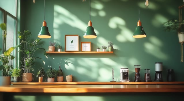 A bright and inviting kitchen with green walls and indoor plants during the afternoon light photo