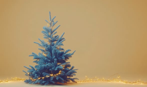 A small blue Christmas tree is lit up with lights photo