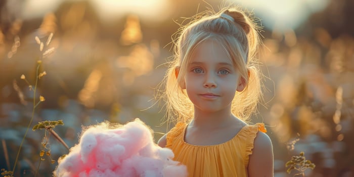 Young girl enjoying cotton candy in a flower field during sunset photo
