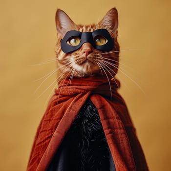 A playful cat in a superhero costume with glasses and a cape against a colorful background photo