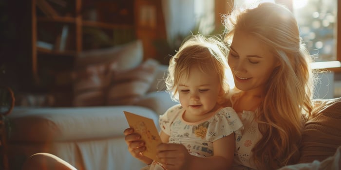 Mother and daughter sharing a heartfelt moment while reading a letter in a cozy living room photo