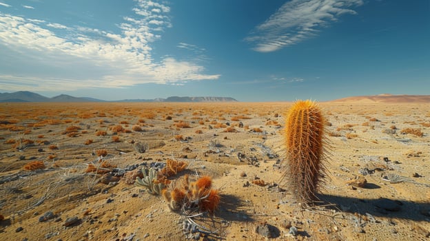 A solitary cactus stands on cracked desert earth under a bright sunlit sky in the afternoon photo