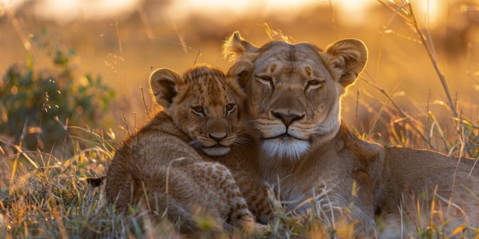 A mother lion embracing her cub during golden hour in the African savanna, showcasing their bond photo