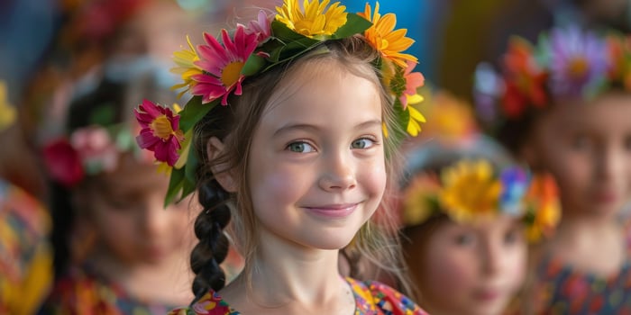Young girl with flower crown smiles during cultural performance at local festival in spring photo
