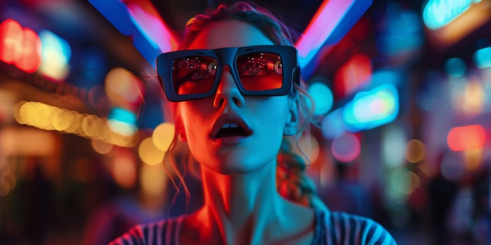 A young woman with oversized sunglasses enjoying neon lights in a vibrant urban setting at night photo