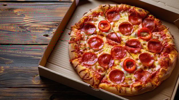 Freshly baked pepperoni pizza with sliced peppers in a delivery box on a wooden table photo