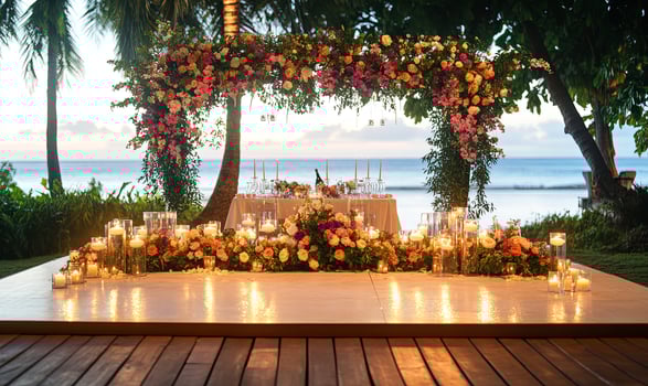 Romantic wedding reception setup with floral arch, candles, and ocean view. photo