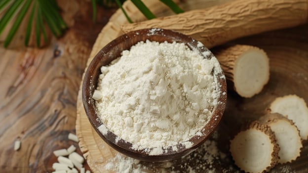 Cassava root flour gluten free on wooden bowl for healthy bread photo