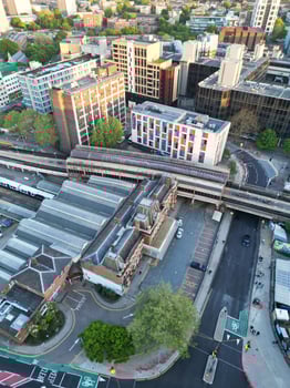 High Angle View of Portsmouth City Centre Located at Beach and Docks of England United Kingdom. Image Was Captured with Drone's Camera on May 15th, 2024. photo
