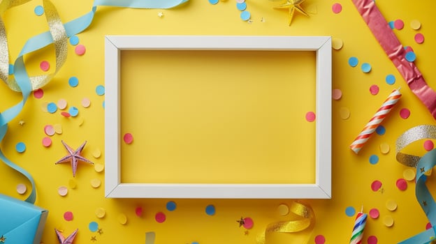 Party frame mockup with confetti and candles on yellow background. Fun festive pictureframe template advertising image. Playful arrangement photoframe border mock up photorealistic photo