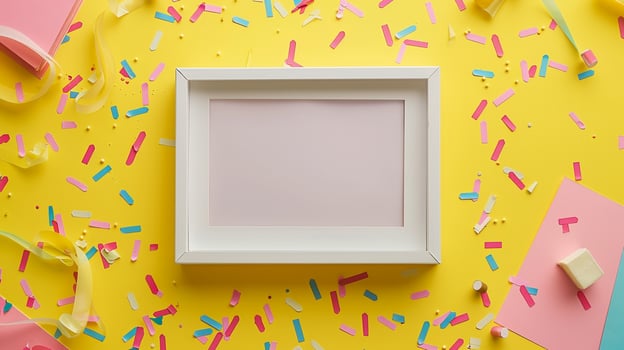 Small white frame mockup on yellow backdrop decorated with pink blue confetti. Festive pictureframe template advertising image. Celebration photoframe border mock up photorealistic photo