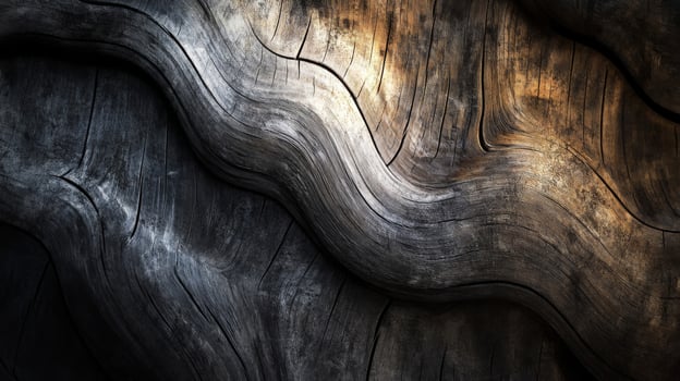 Close-up of a weathered and gnarled wooden surface with intricate grain patterns and a warm, golden light. photo