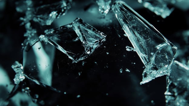 Close-up of shattered glass shards against a dark background. photo