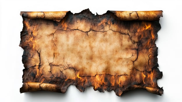 Partially Burned Parchment Scroll with Flames photo