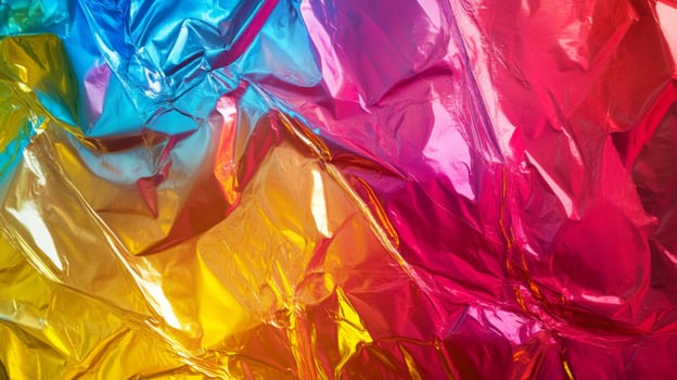 Abstract Crinkled Foil in Blue, Yellow, and Red Hues photo