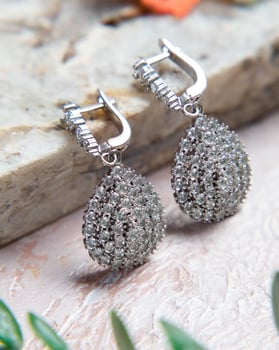 Beautiful pair of silver earrings decorated with diamonds photo