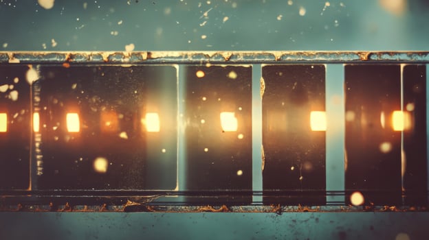 Close-up of a Film Strip with Blurred Lights and Dust Particles photo