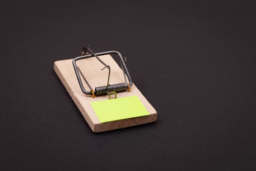 Blank Yellow Sheet of Paper in Wooden Mousetrap - Template. Small Memo Paper in Mouse Trap on Black Background photo