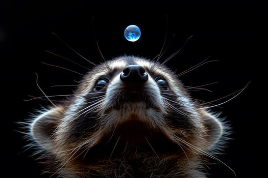 Curious Raccoon Gazing at Floating Bubble in Dark, Captivating Wildlife Moment photo