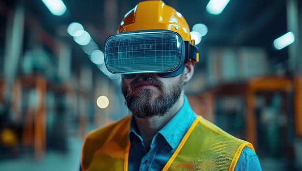 Engineer Uses VR Headset in Factory, Innovation in Industry 4.0 photo