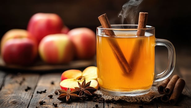 Steaming Mug of Apple Cider with Cinnamon Sticks and Spices photo