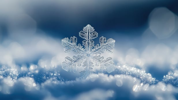 a delicate snowflake on a snow covered surface with a blue bokeh background. photo