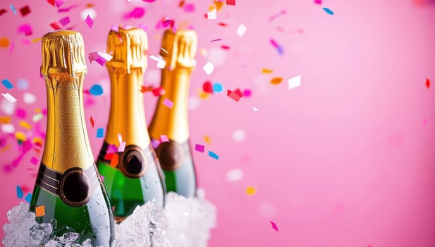 Champagne bottles in ice bucket with falling confetti on pink background. Celebration, party, luxury concept. photo