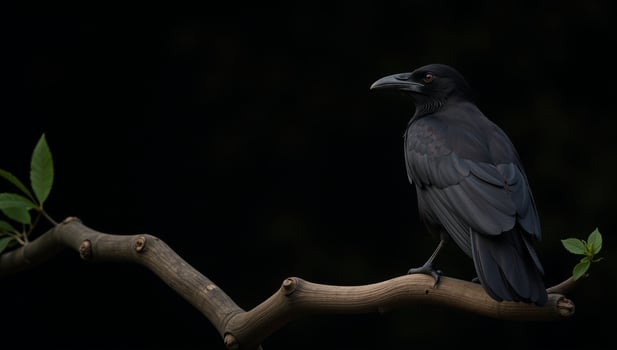 A gloomy raven perched somberly on a bare tree limb against a backdrop of darkness photo