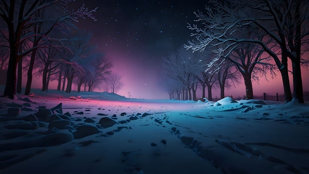 Serene Winter Landscape with Glowing Tree Under Northern Lights photo