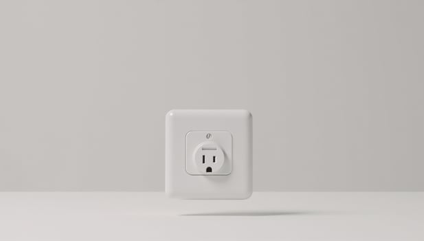 Closeup perspective of an empty interior bedroom side table with visible electrical outlet mockup photo