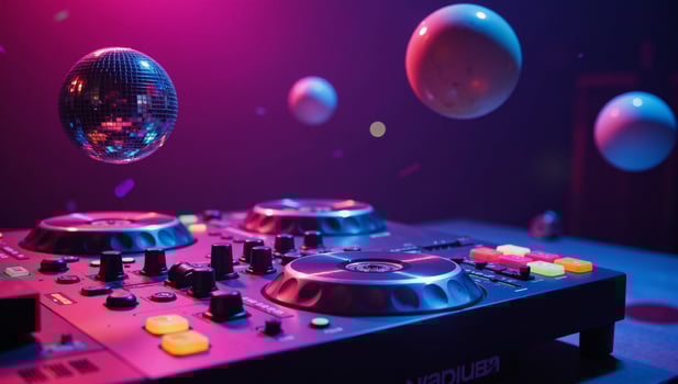 A luminous digital rendition of a vibrant DJ setup amidst glowing planets under a cosmic neon glow Nightclub Ambiance photo