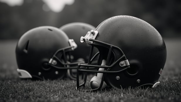 Worn football helmets on rainsoaked field with bokeh light effects photo