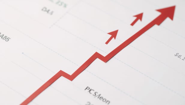 Minimalistic Chinese stock market chart highlights upward trend on red line financial data and charts in background photo
