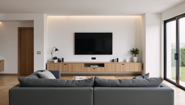 Modern smarthome tech meets comfortable relaxation sleek living space boasts gray sofa amidst cuttingedge gadgetry photo
